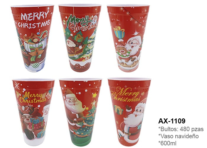 1109 VASO PLASTICO NAVIDEÑO DOCENA