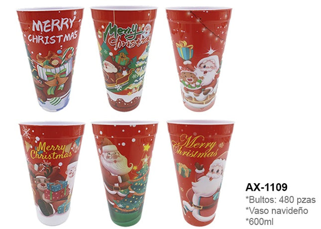 1109 VASO PLASTICO NAVIDEÑO DOCENA